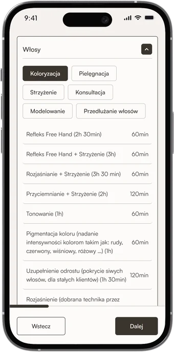 Lista usług z czasami trwania w SoulConnect (przykład salonu fryzjerskiego)